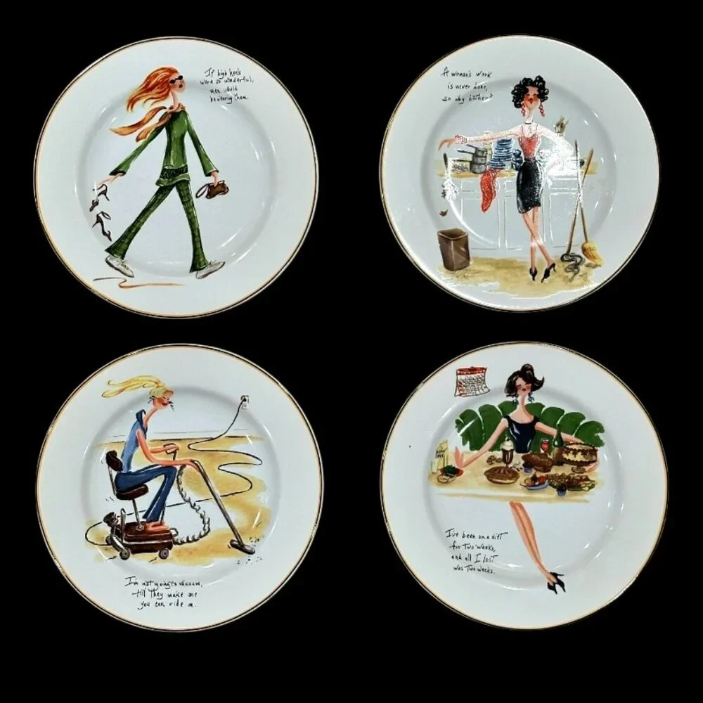Sakura Spring Cleaning Salad Dessert Plates Set of 4 Stoneware Humorous Women
